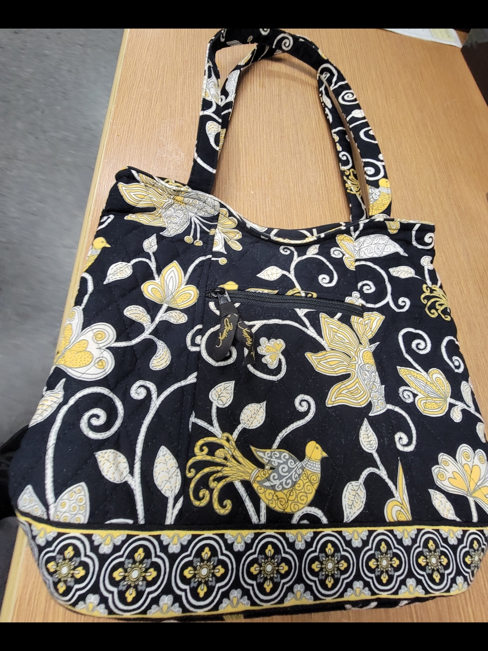 Vera Bradley Black Yellow Floral Bird Quilted Tote Bag